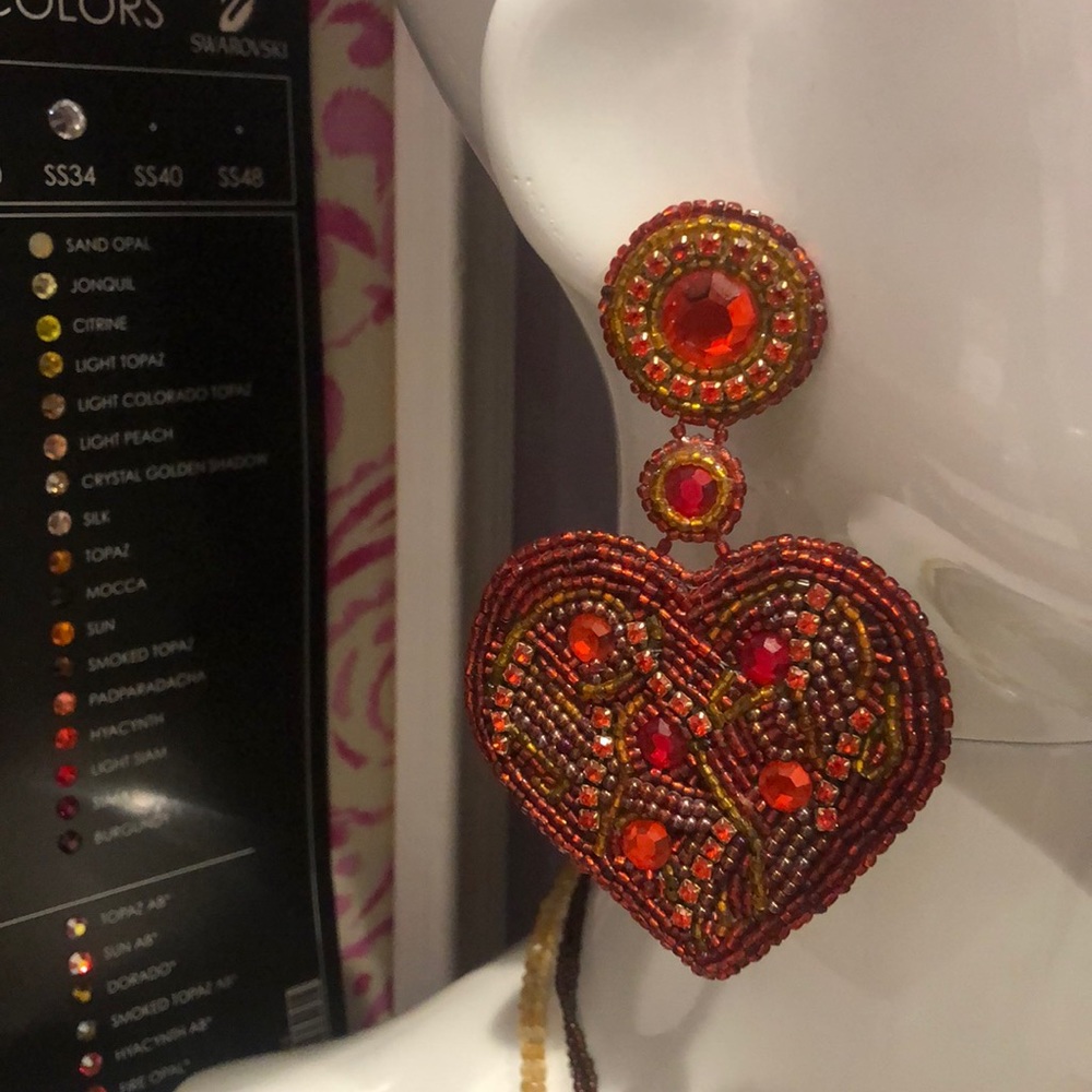 Vintage Designer Hand-beaded Large Heart Earrings-Boutique